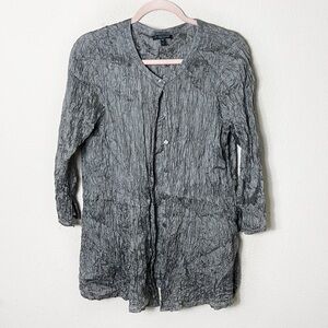Eileen Fisher 100% Silk Crinkle Tunic Top Duster Metallic Silver Gray Button PL
